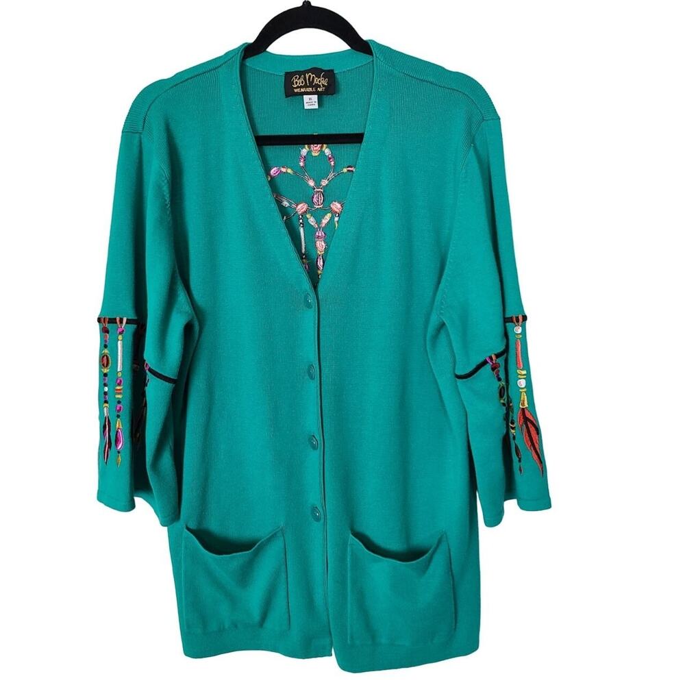 Bob Mackie Womens Embroidered Dream Catcher Cardigan Sweater XL Boho Whimsical